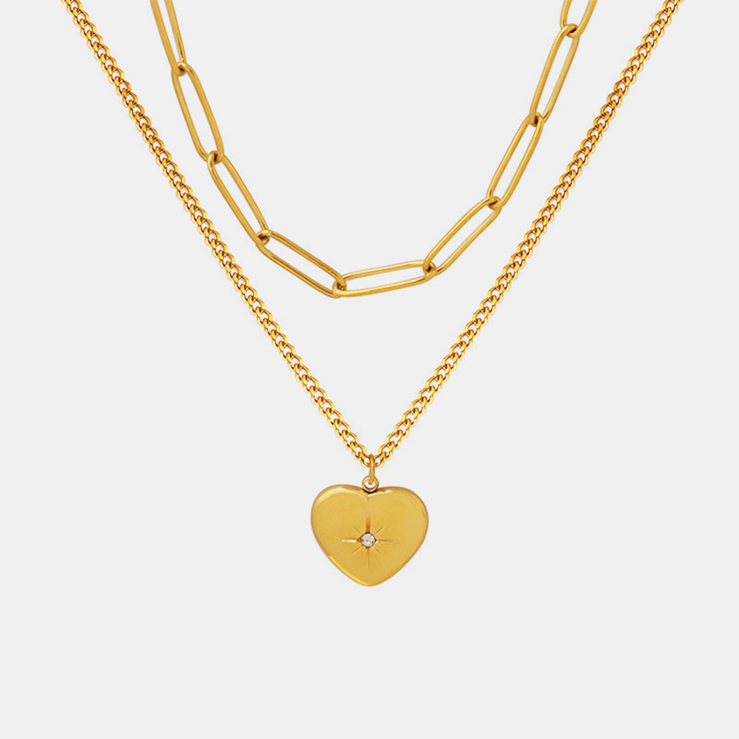 Inlaid Zircon Double Layered Heart Pendant Necklace-Bijou Crush