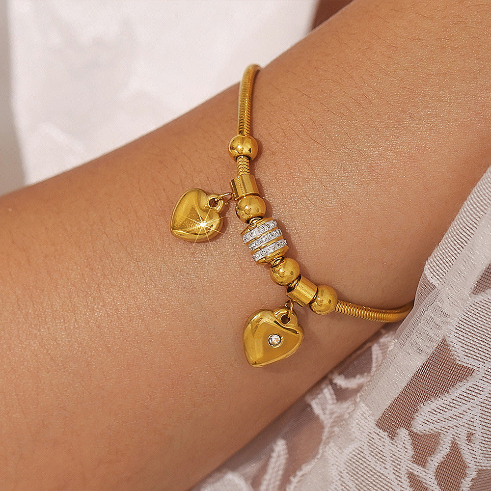 18K Gold-Plated Rhinestone Heart Charm Bracelet-Bijou Crush