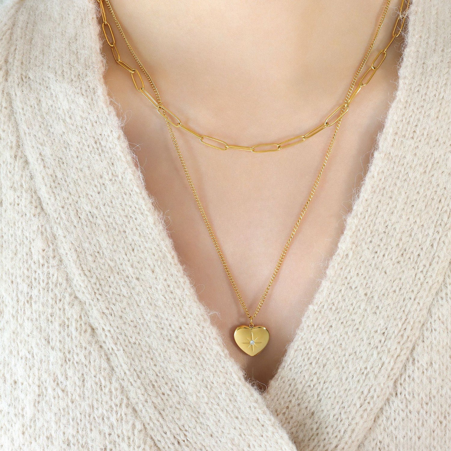 Inlaid Zircon Double Layered Heart Pendant Necklace-Bijou Crush
