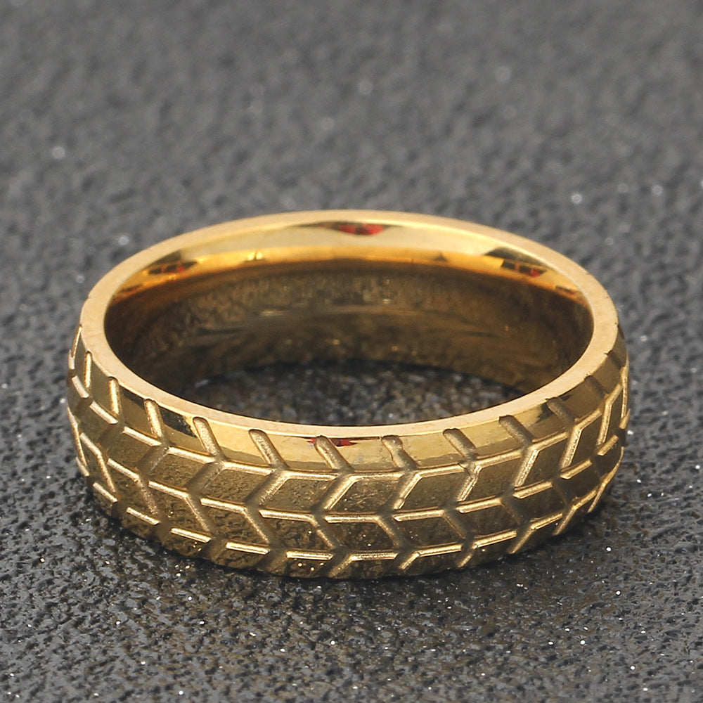Men's 18K Gold Plated Tire Pattern Titanium Steel Ring-Bijou Crush