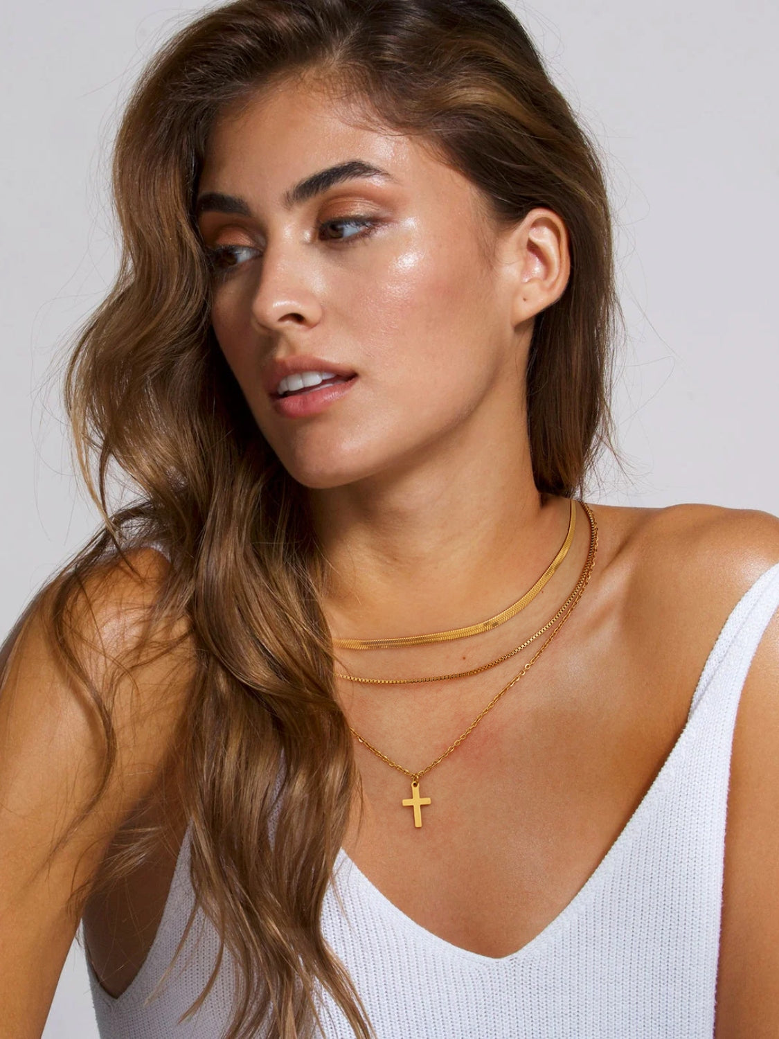 18K Gold-Plated Three-Layered Cross Necklace-Bijou Crush
