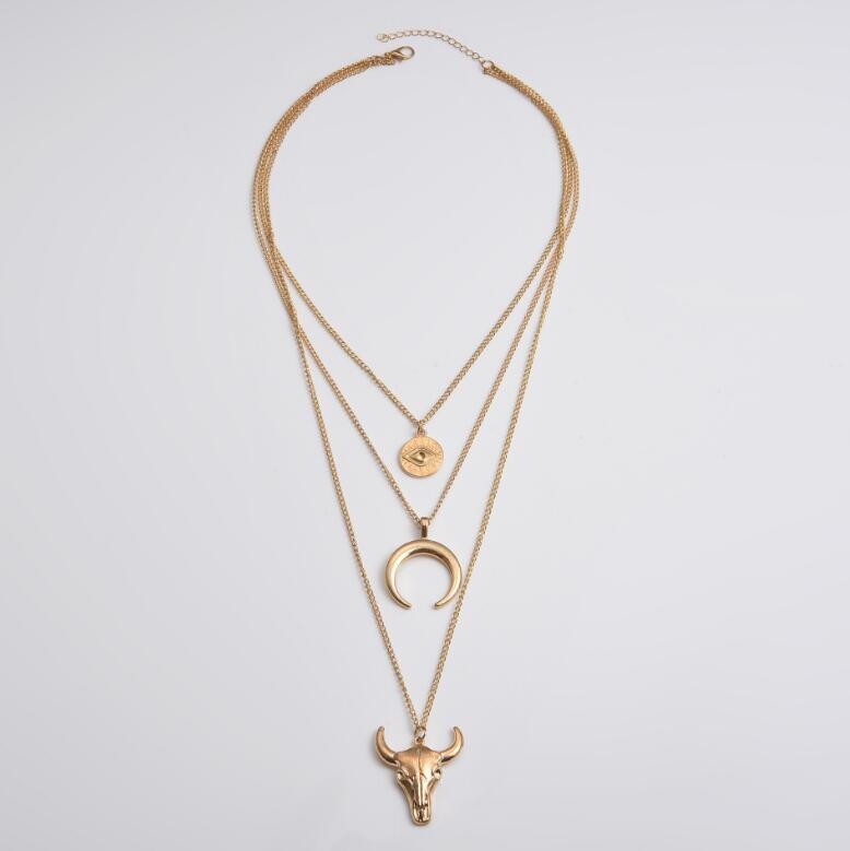 Alloy Three-Layered Bull Head Pendant Necklace-Bijou Crush