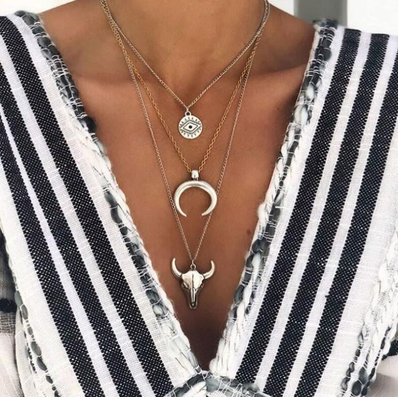 Alloy Three-Layered Bull Head Pendant Necklace-Bijou Crush