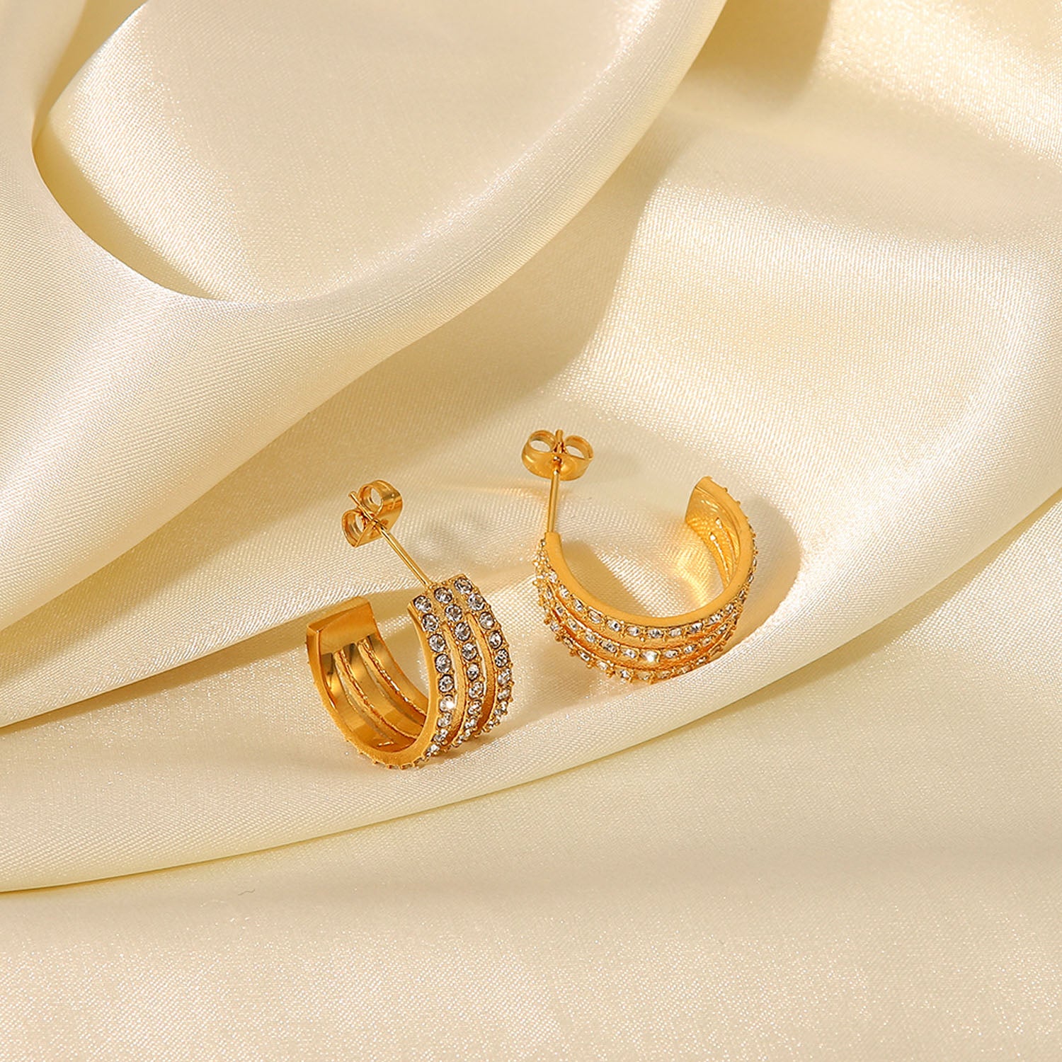 Stainless Steel Inlaid Zircon C-Hoop Earrings-Bijou Crush