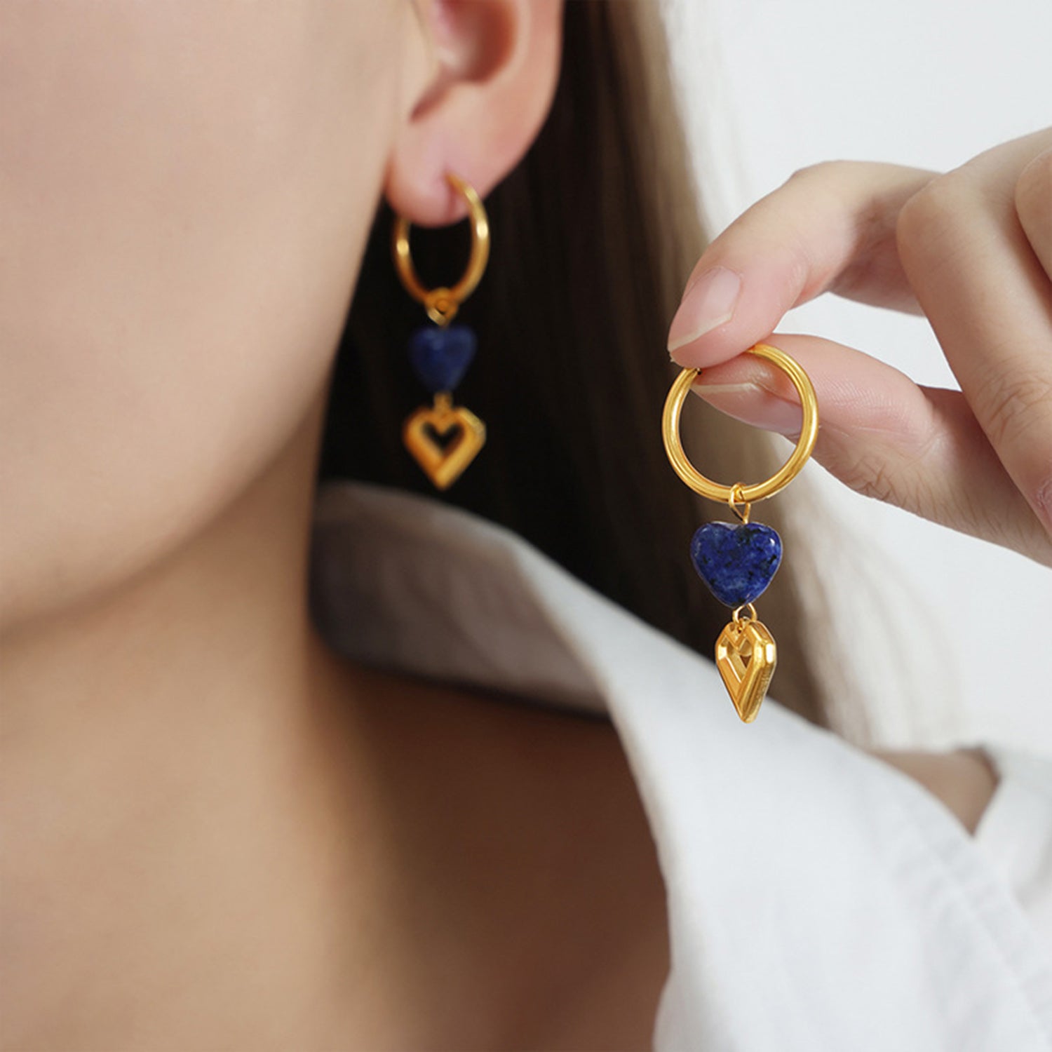 Heart Shape Lapis Lazuli Dangle Earrings-Bijou Crush