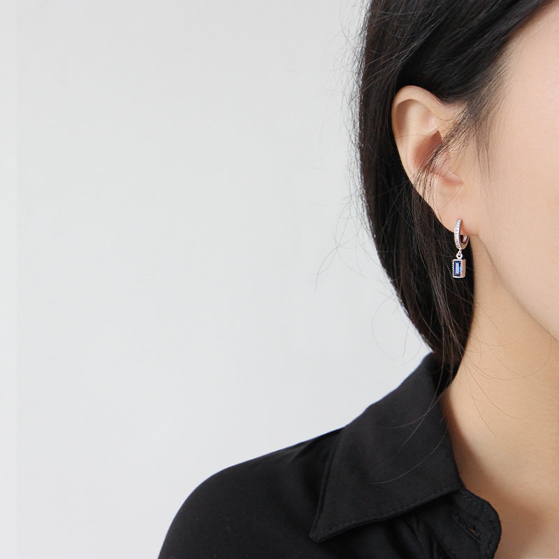 Geometry Blue CZ Rectangle Dangling Earring – 925 Sterling Silver-Bijou Crush