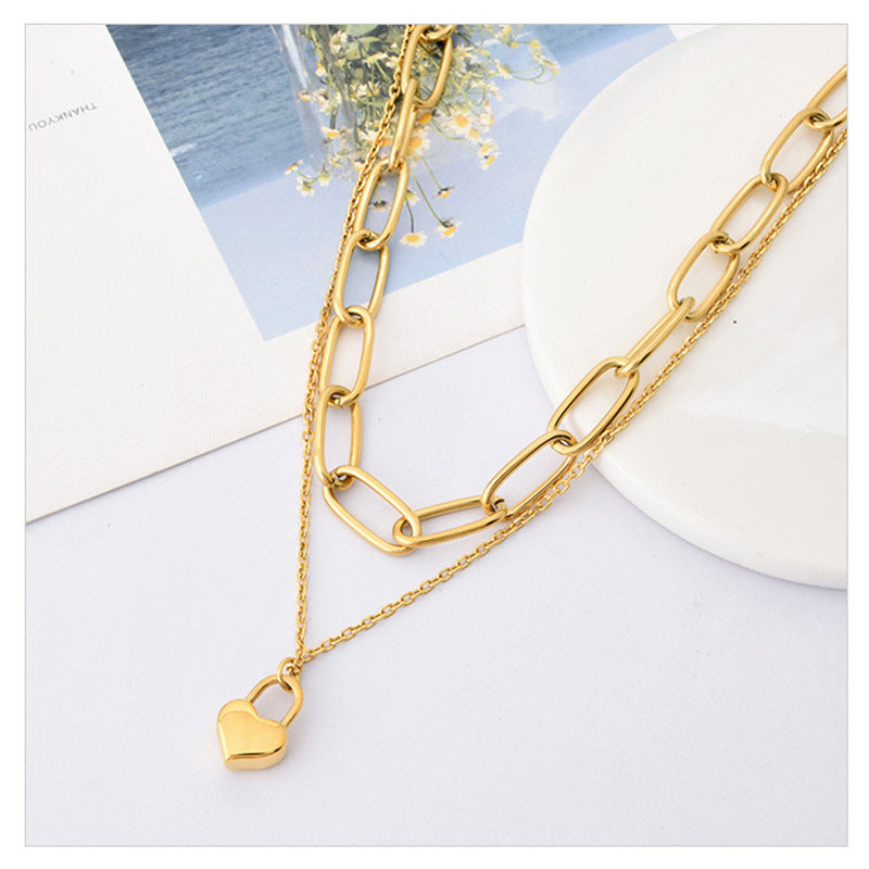 304 Stainless Steel 18K Gold Plated Hip-Hop Inlaid Gold Heart Necklace-Bijou Crush