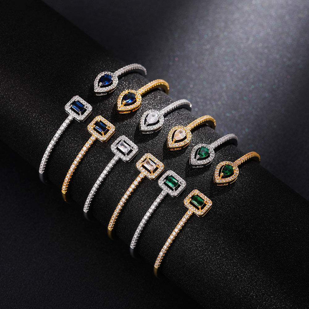 Trendy Square Zircon Bangle – Water Droplet Charm in Gold-Plated Copper-Bijou Crush