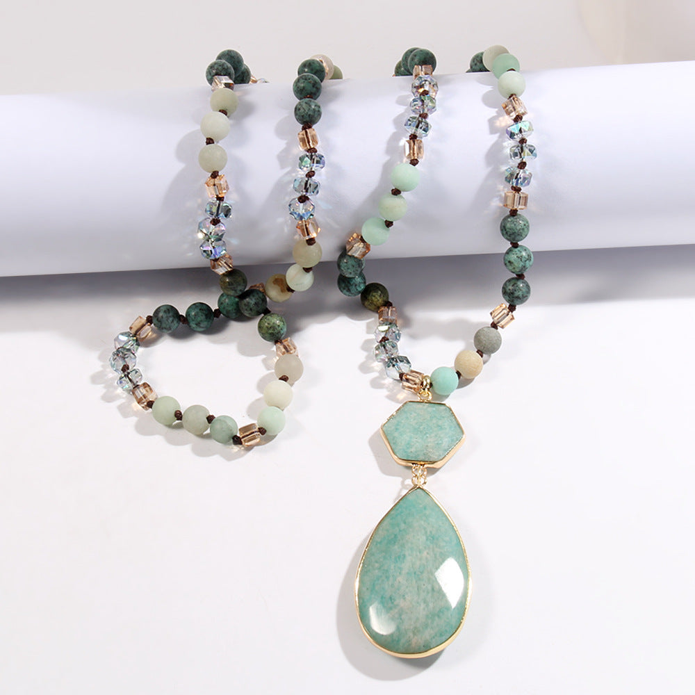 Bohemian Water Droplets Natural Stone Glass Pendant Necklace Sweater Chain Necklace-Bijou Crush