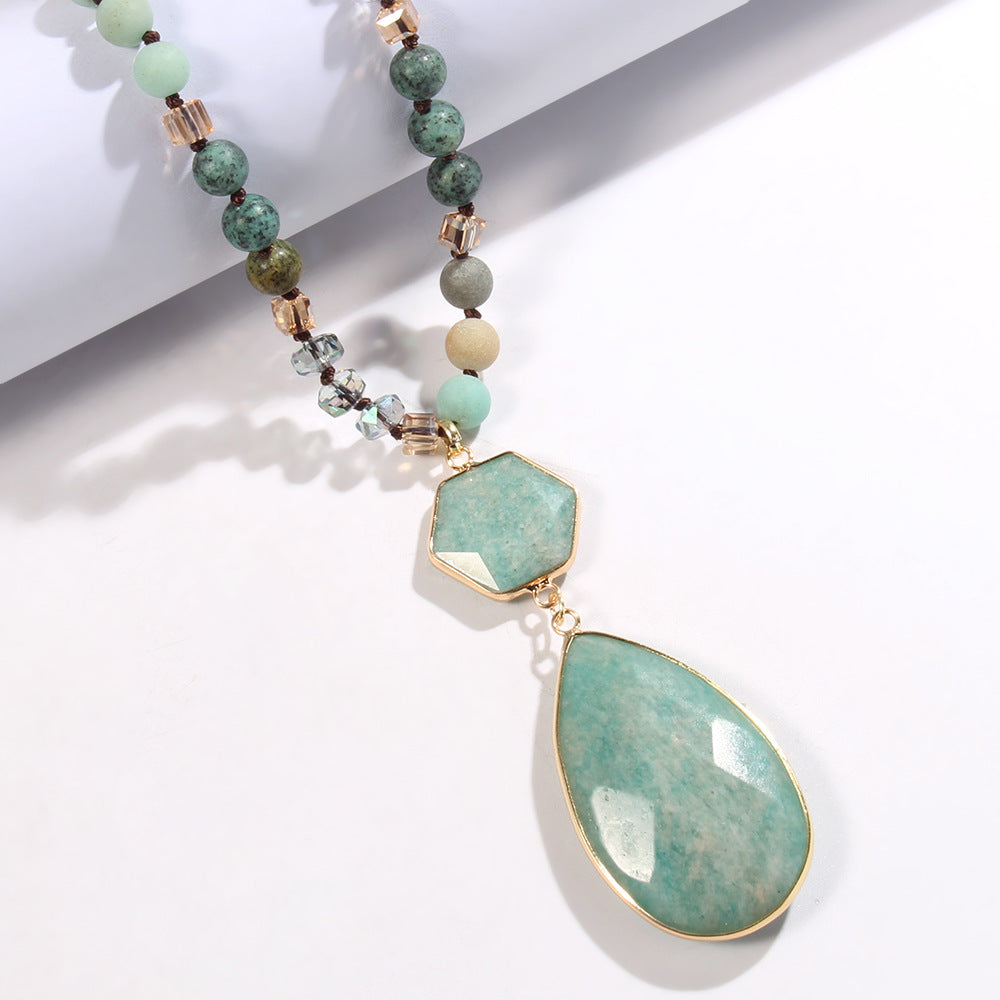 Bohemian Water Droplets Natural Stone Glass Pendant Necklace Sweater Chain Necklace-Bijou Crush
