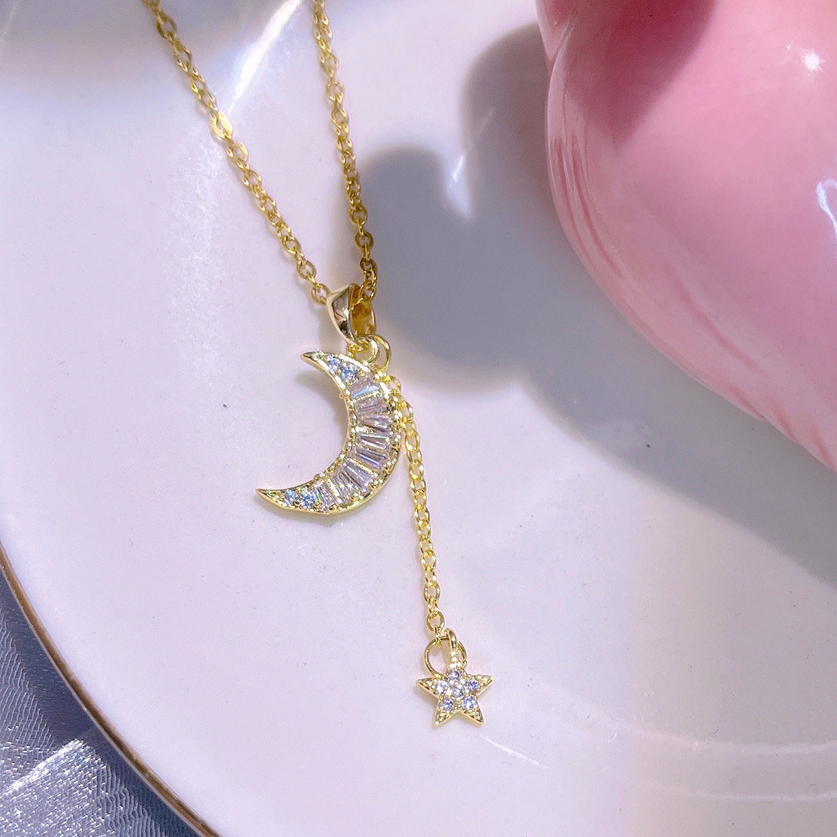 Elegant Star Moon Titanium Steel Plating Inlay Zircon 18K Gold Plated Necklace-Bijou Crush