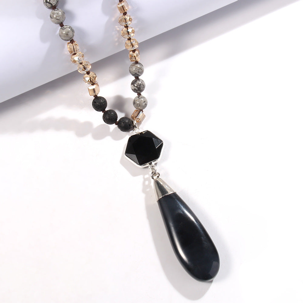 Bohemian Water Droplets Natural Stone Glass Pendant Necklace Sweater Chain Necklace-Bijou Crush