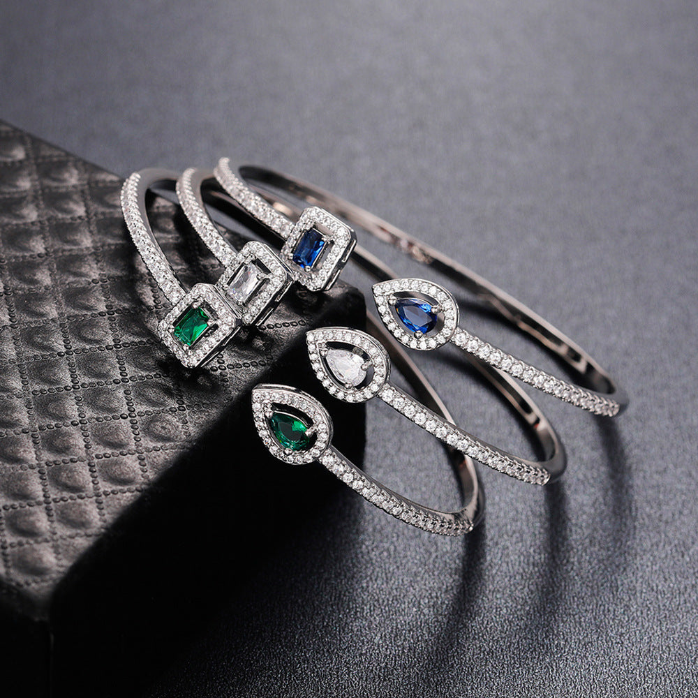 Trendy Square Zircon Bangle – Water Droplet Charm in Gold-Plated Copper-Bijou Crush