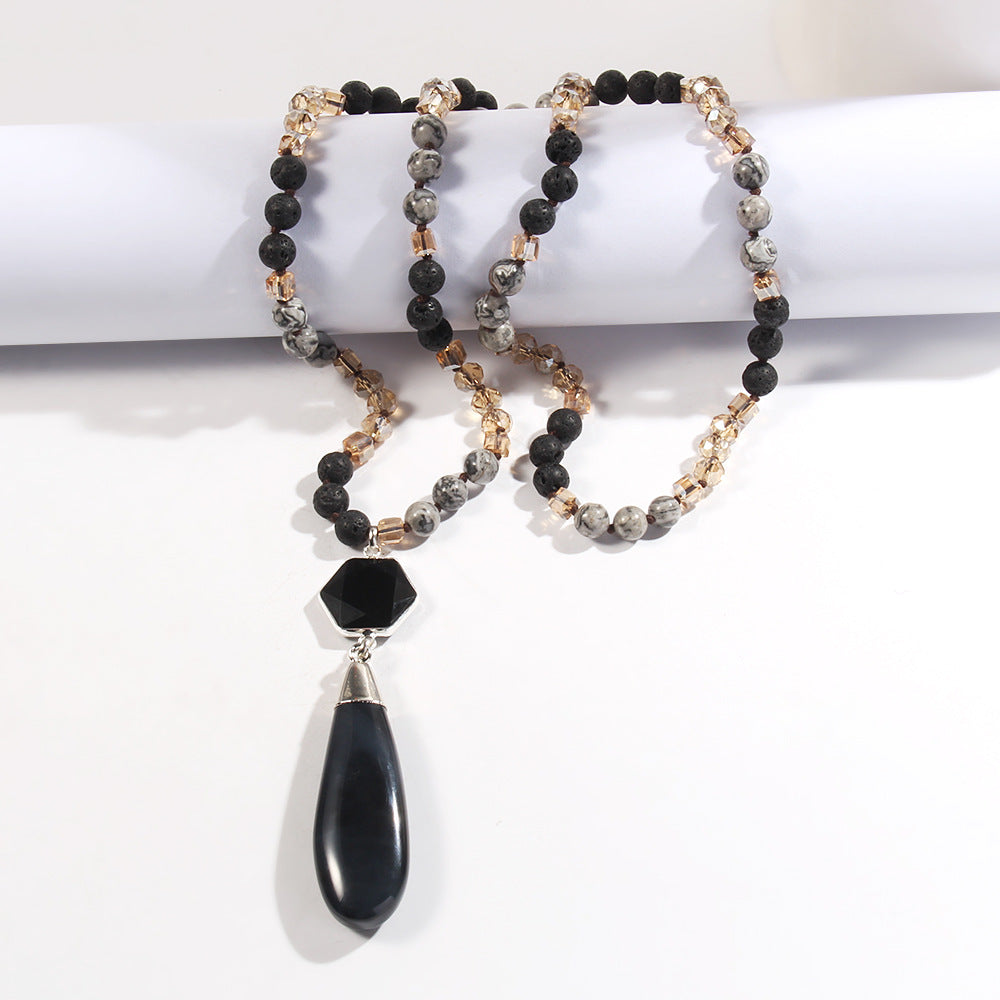 Bohemian Water Droplets Natural Stone Glass Pendant Necklace Sweater Chain Necklace-Bijou Crush