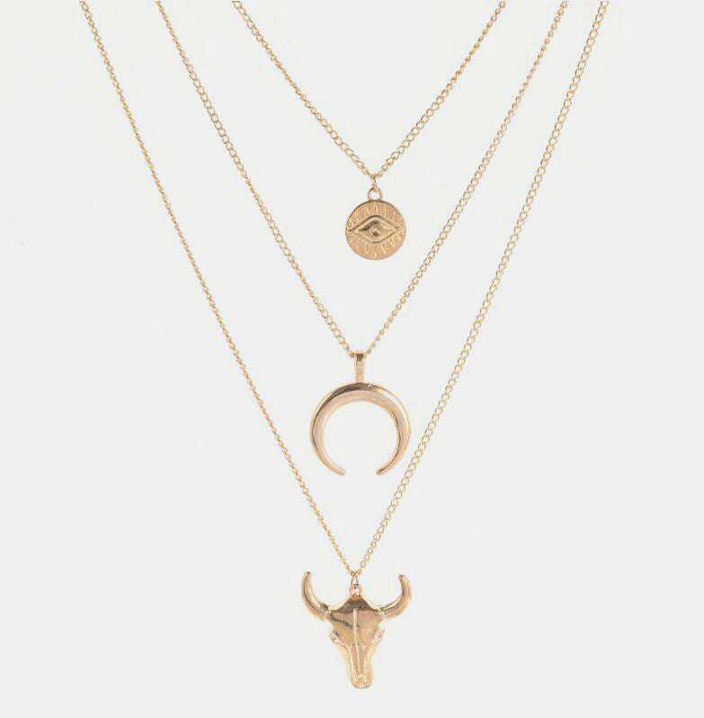 Alloy Three-Layered Bull Head Pendant Necklace-Bijou Crush