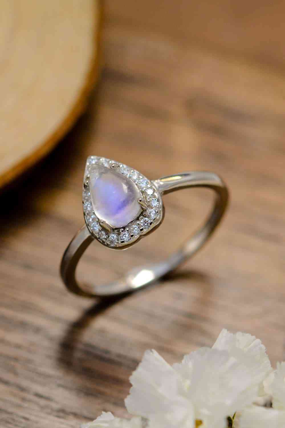 Moonstone Teardrop 925 Sterling Silver Halo Ring-Bijou Crush