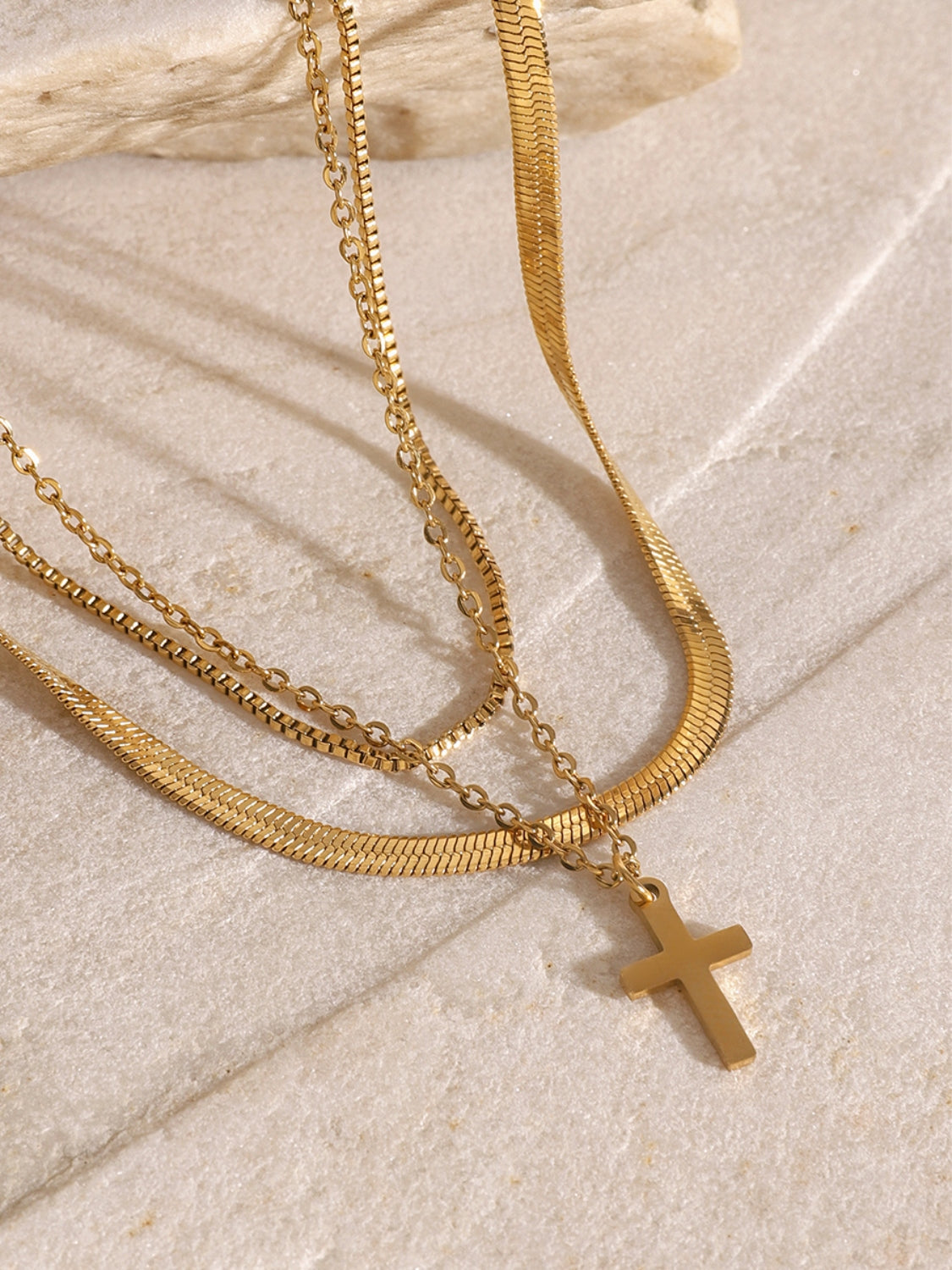 18K Gold-Plated Three-Layered Cross Necklace-Bijou Crush