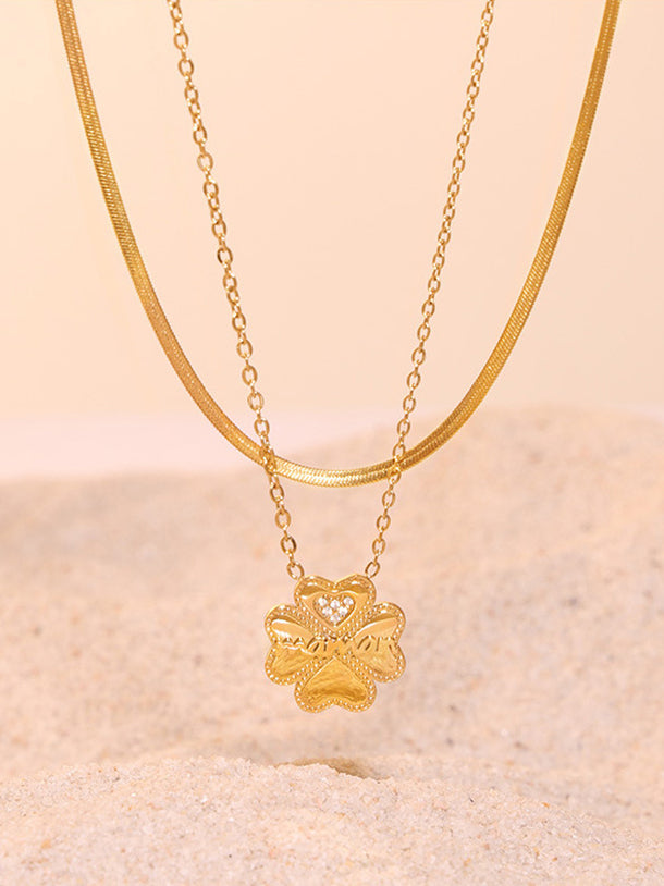 2 Piece 18K Gold-Plated Inlaid Zircon Lucky Clover Necklace-Bijou Crush