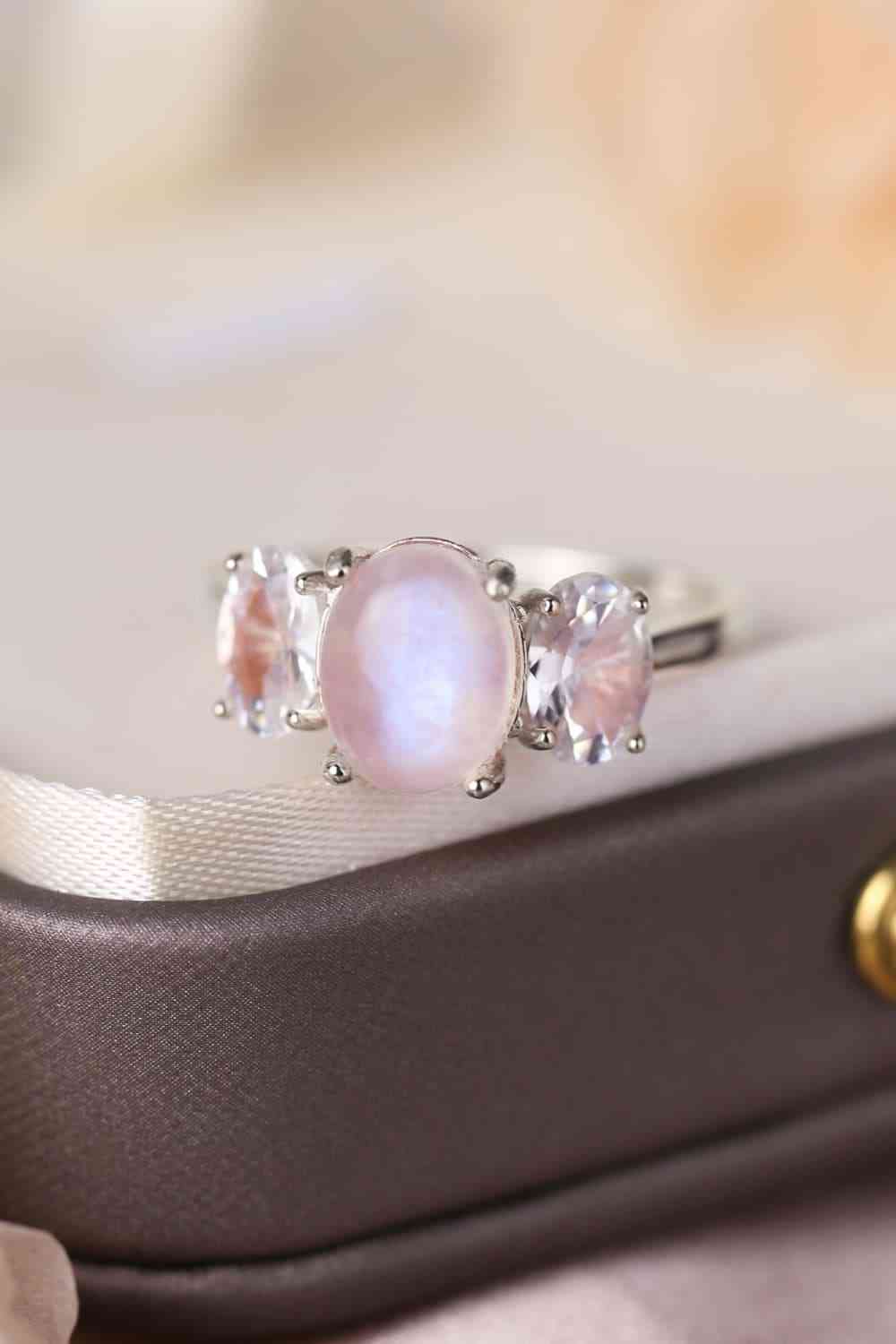 High Quality Natural Moonstone 925 Sterling Silver Three Stone Ring-Bijou Crush