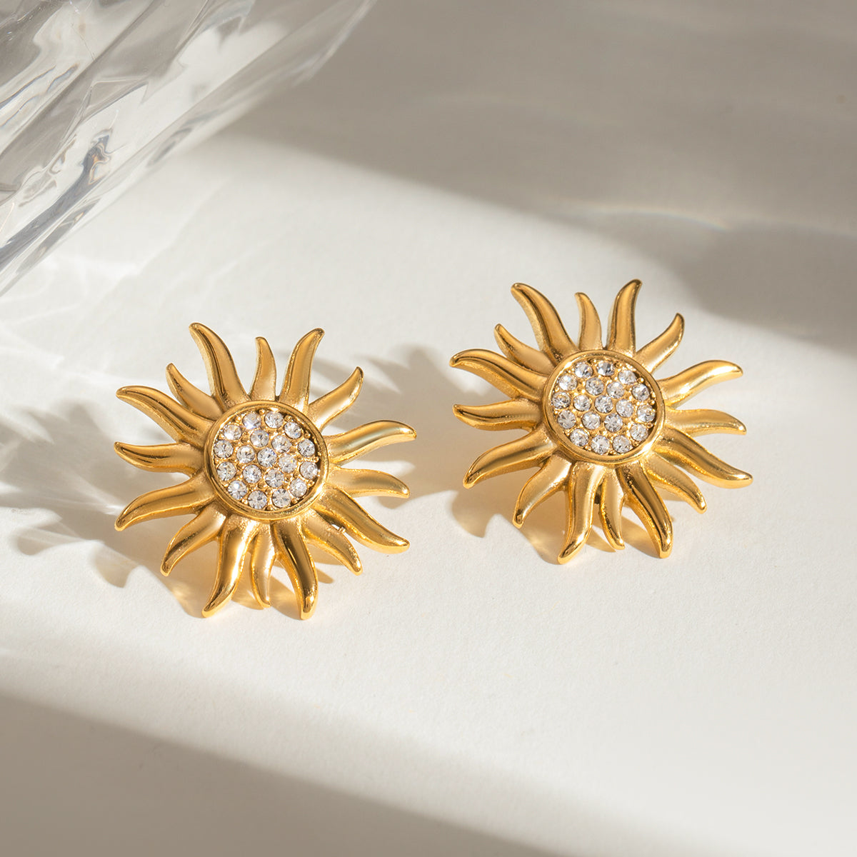 Stainless Steel Inlaid Rhinestone Sun Shape Stud Earrings-Bijou Crush