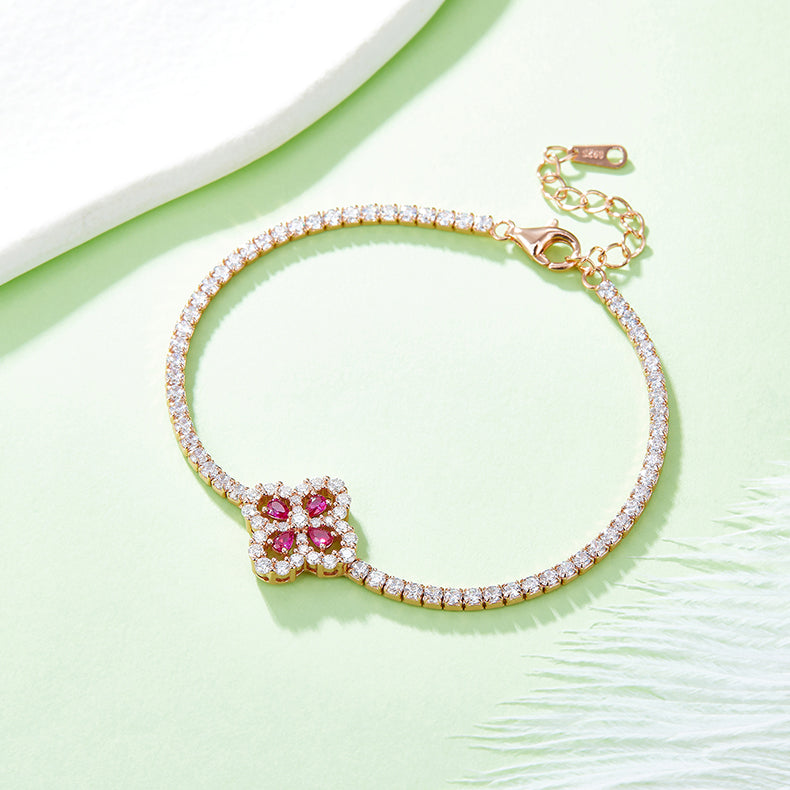 Lab-Grown Ruby 925 Sterling Silver Flower Shape Bracelet-Bijou Crush