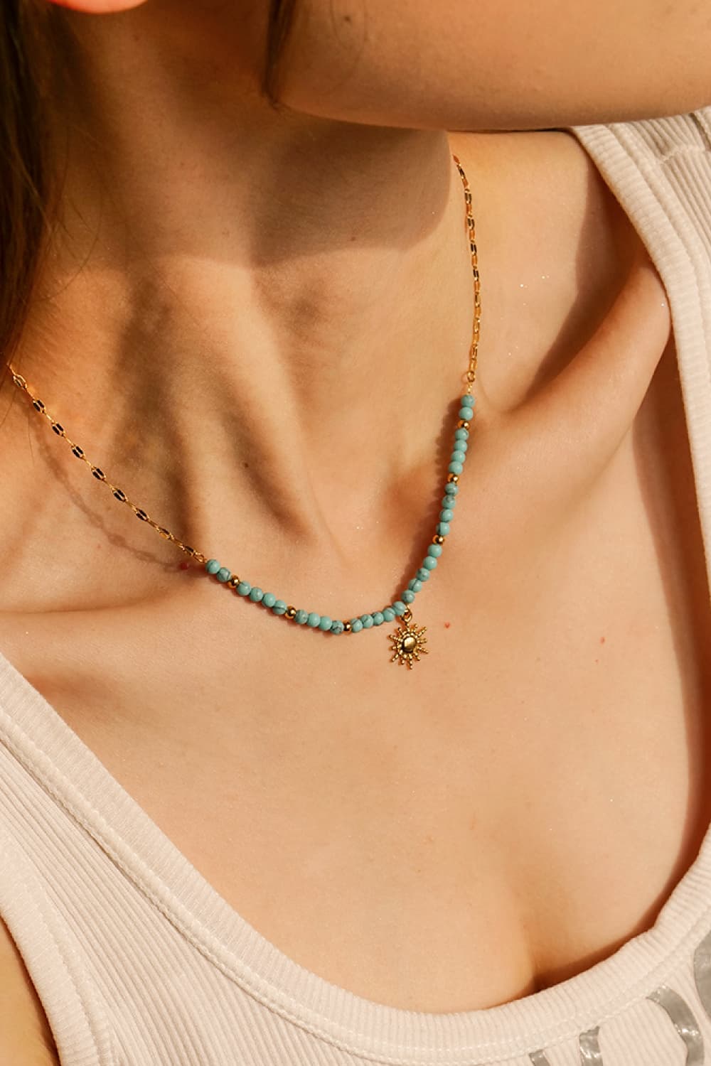 Turquoise Beaded 18K Gold-Plated Sun Shape Pendant Necklace-Bijou Crush