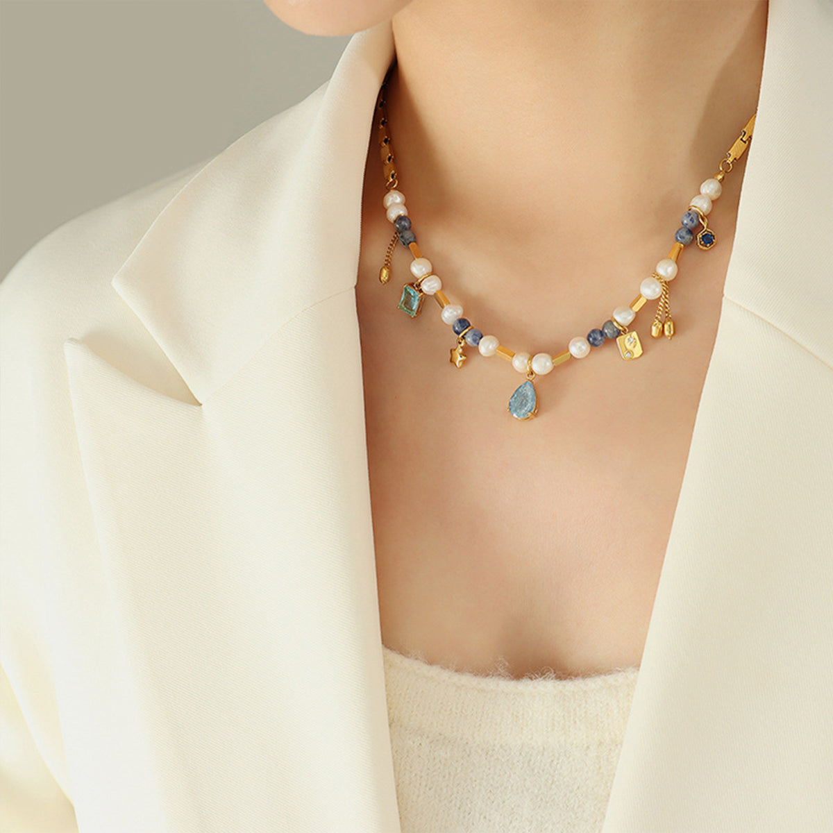 18K Gold-Plated Beaded Charm Necklace-Bijou Crush