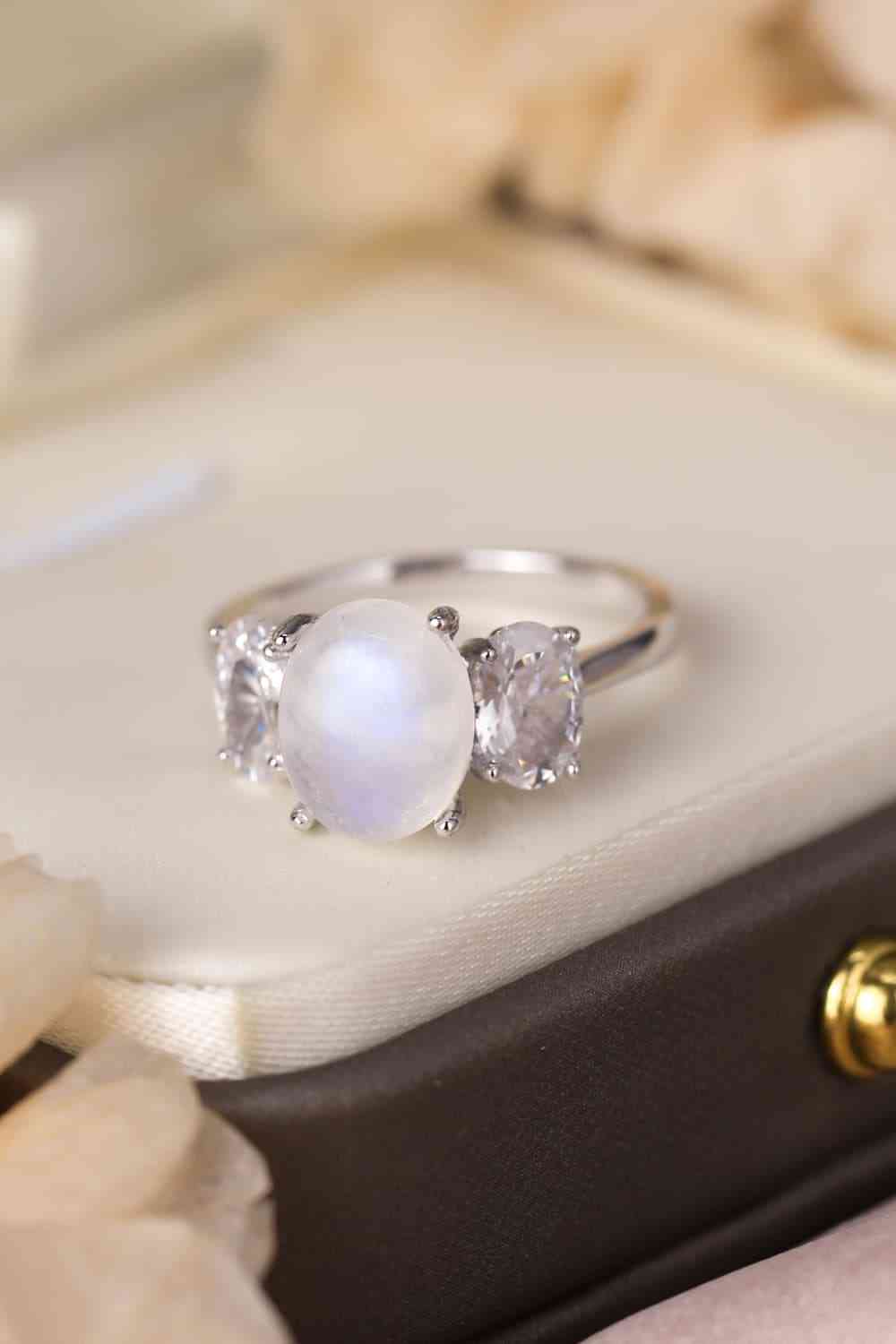 High Quality Natural Moonstone 925 Sterling Silver Three Stone Ring-Bijou Crush