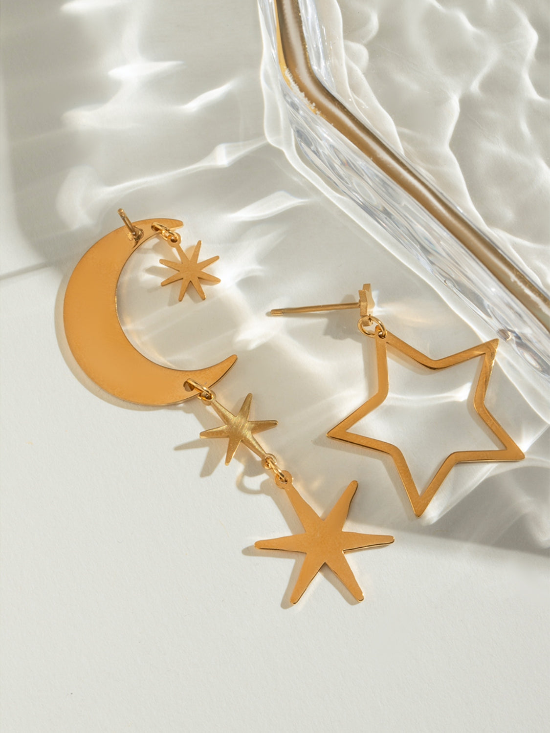 18K Gold-Plated Moon & Star Dangle Earrings-Bijou Crush