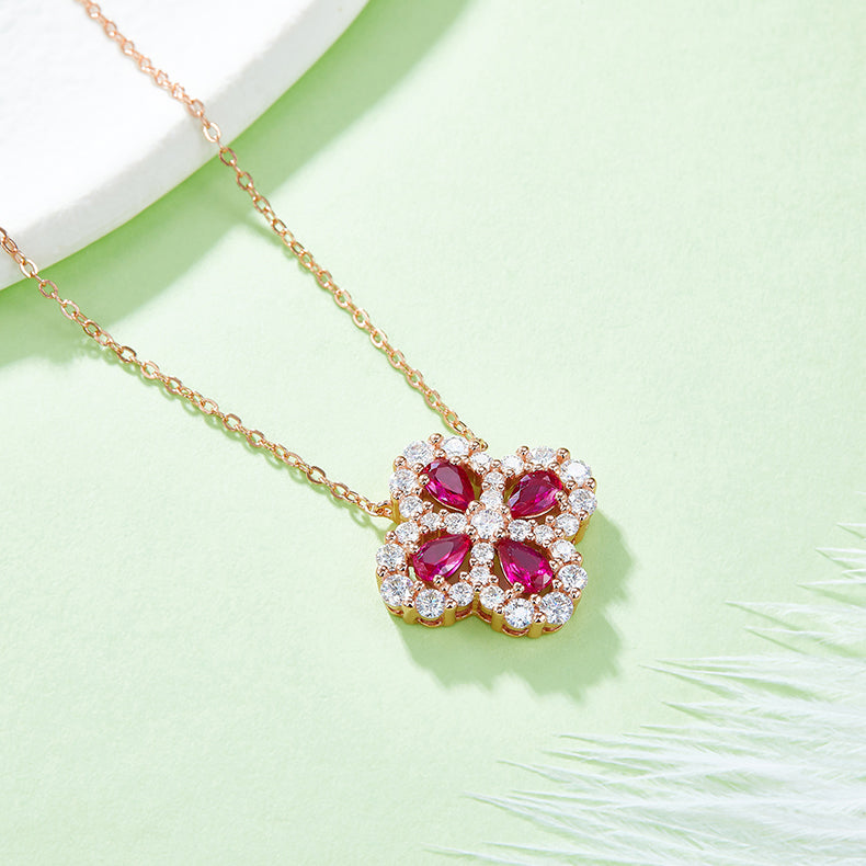 Lab-Grown Ruby 925 Sterling Silver Flower Shape Necklace-Bijou Crush