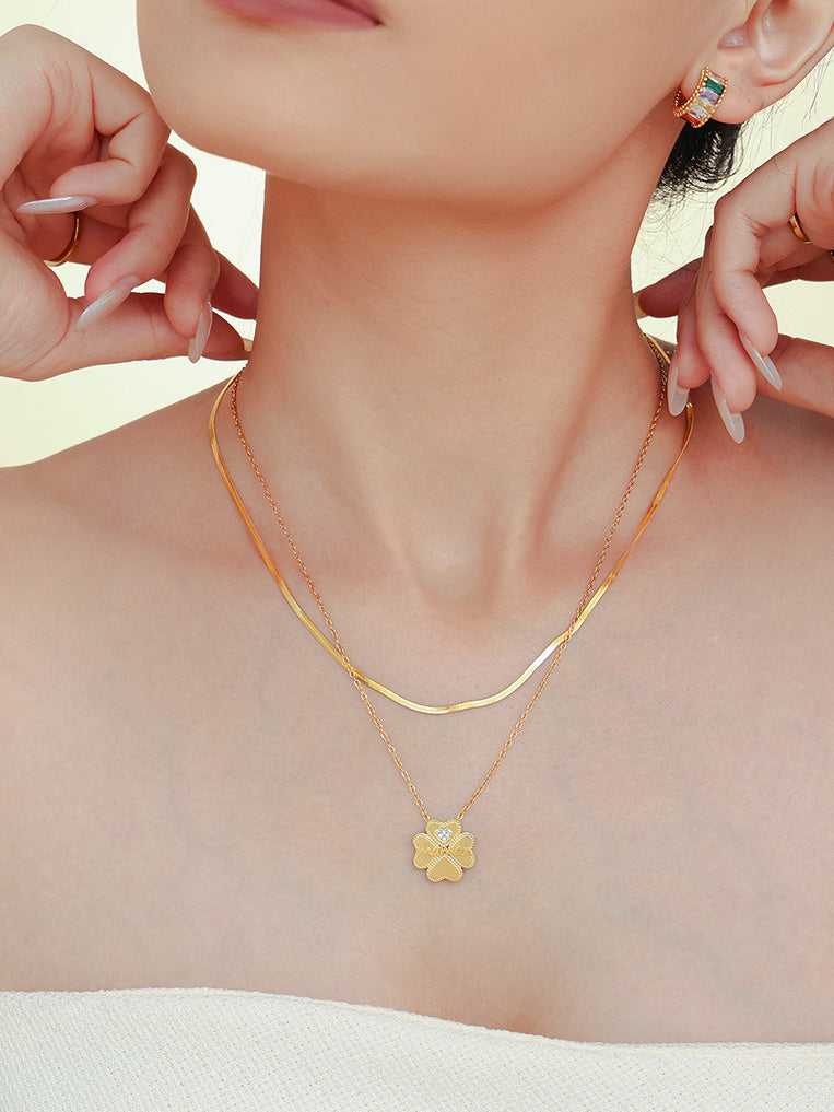 2 Piece 18K Gold-Plated Inlaid Zircon Lucky Clover Necklace-Bijou Crush