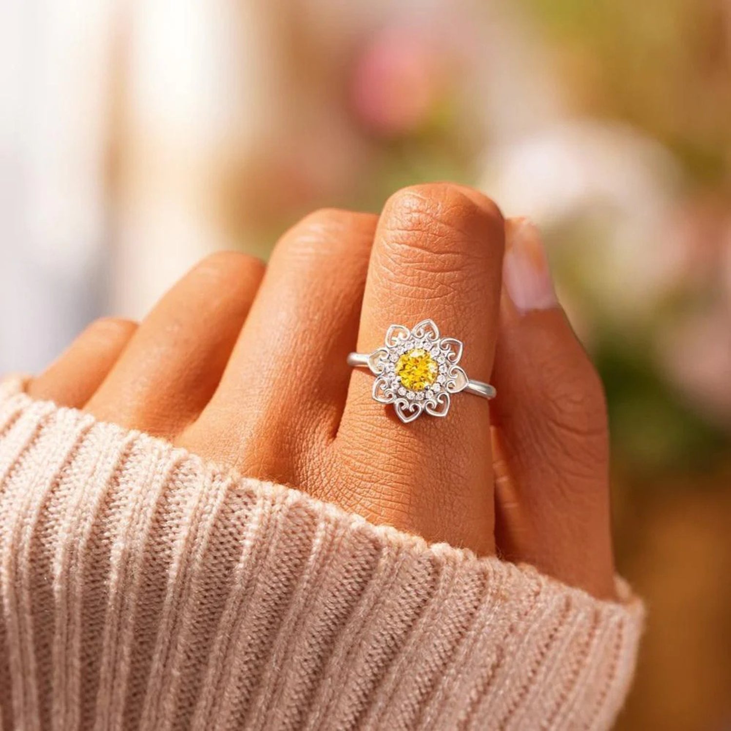 Flower Shape Zircon Platinum-Plated 925 Sterling Silver Ring-Bijou Crush