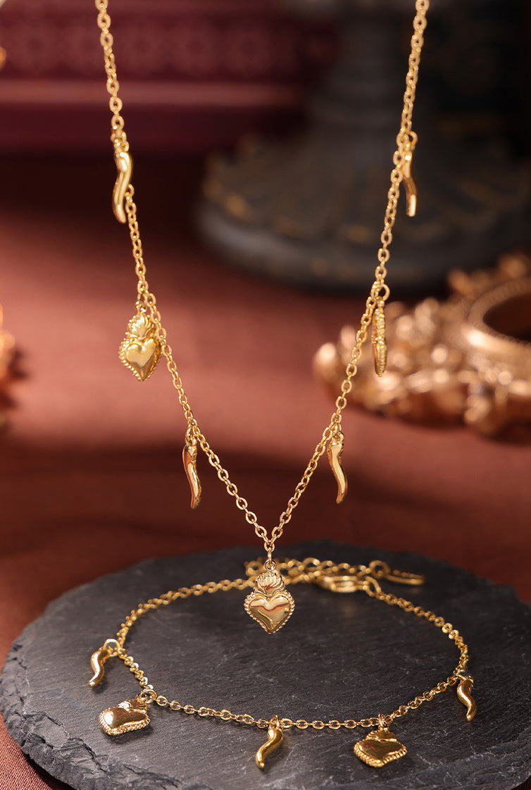 Stainless Steel Heart Charm Bracelet and Necklace Set-Bijou Crush