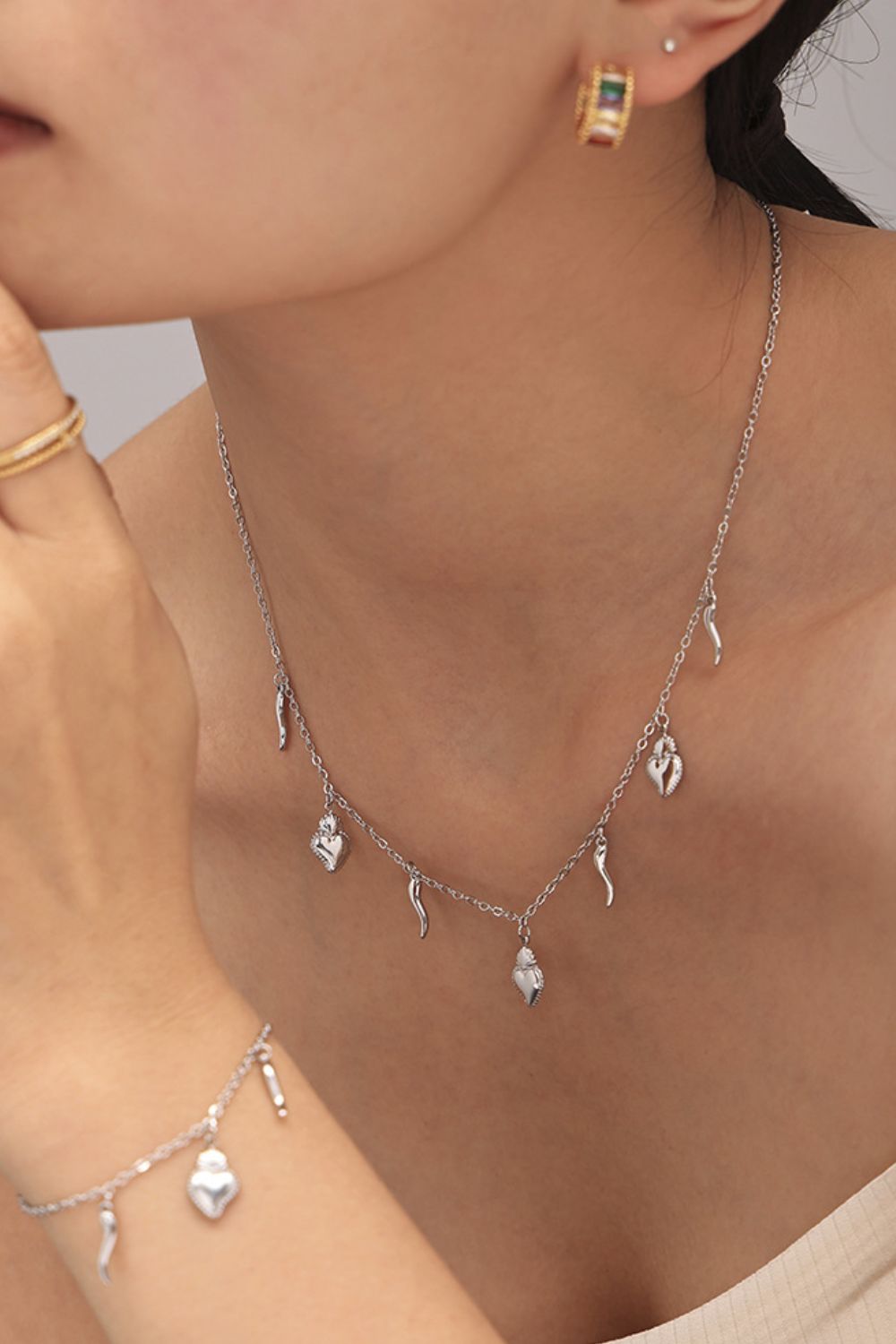 Stainless Steel Heart Charm Bracelet and Necklace Set-Bijou Crush