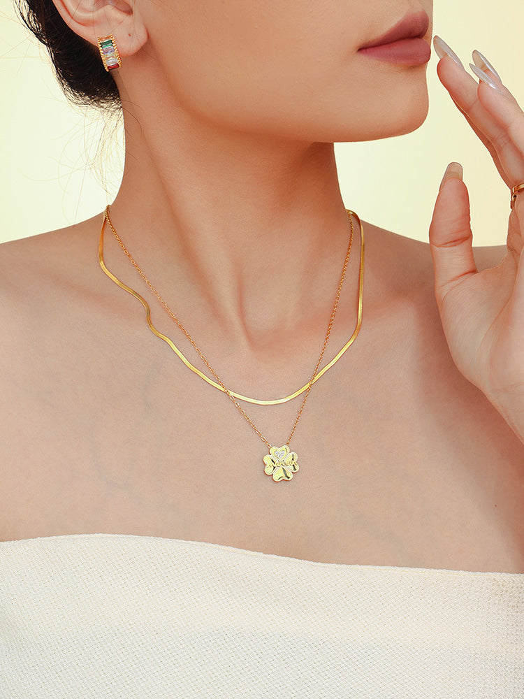 2 Piece 18K Gold-Plated Inlaid Zircon Lucky Clover Necklace-Bijou Crush