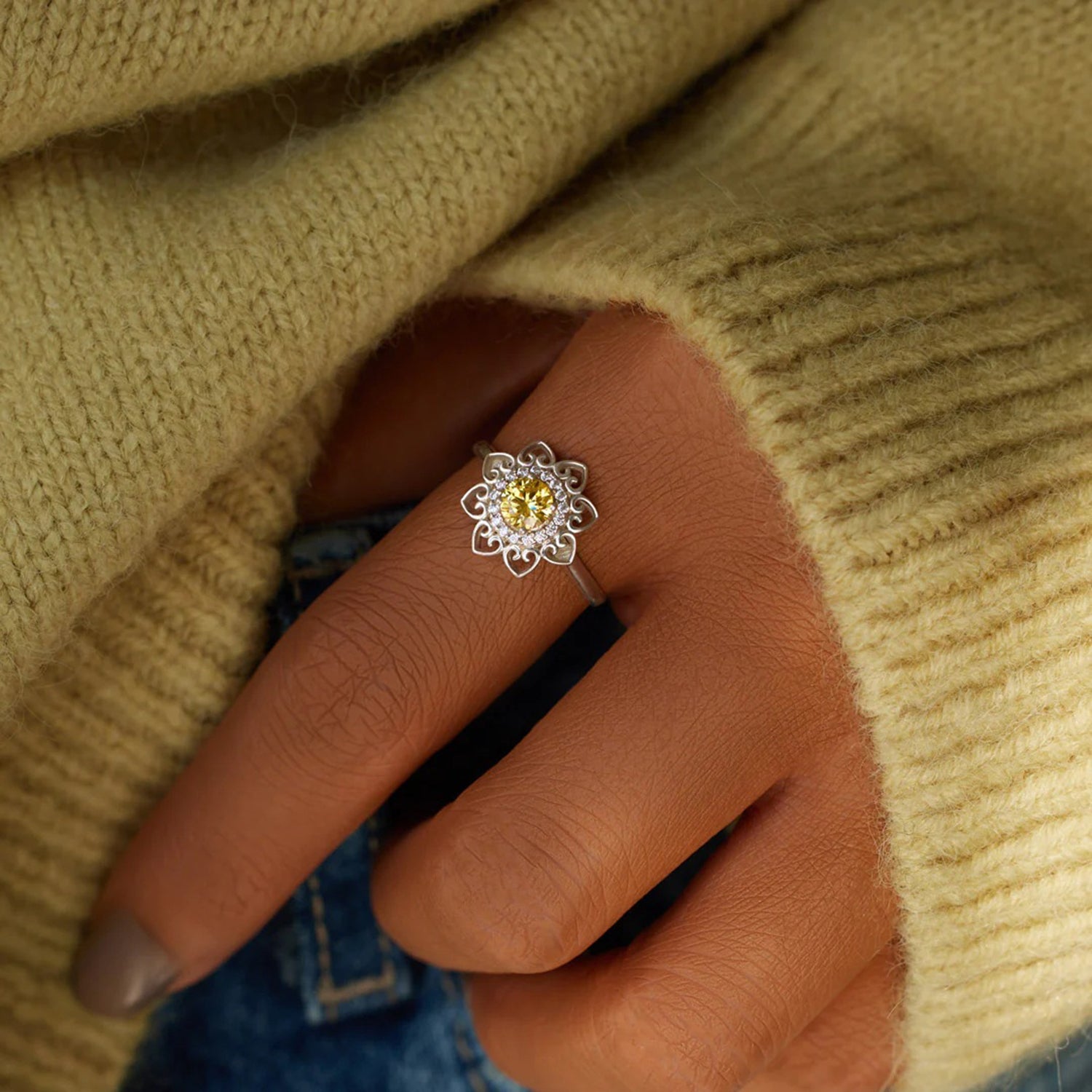 Flower Shape Zircon Platinum-Plated 925 Sterling Silver Ring-Bijou Crush