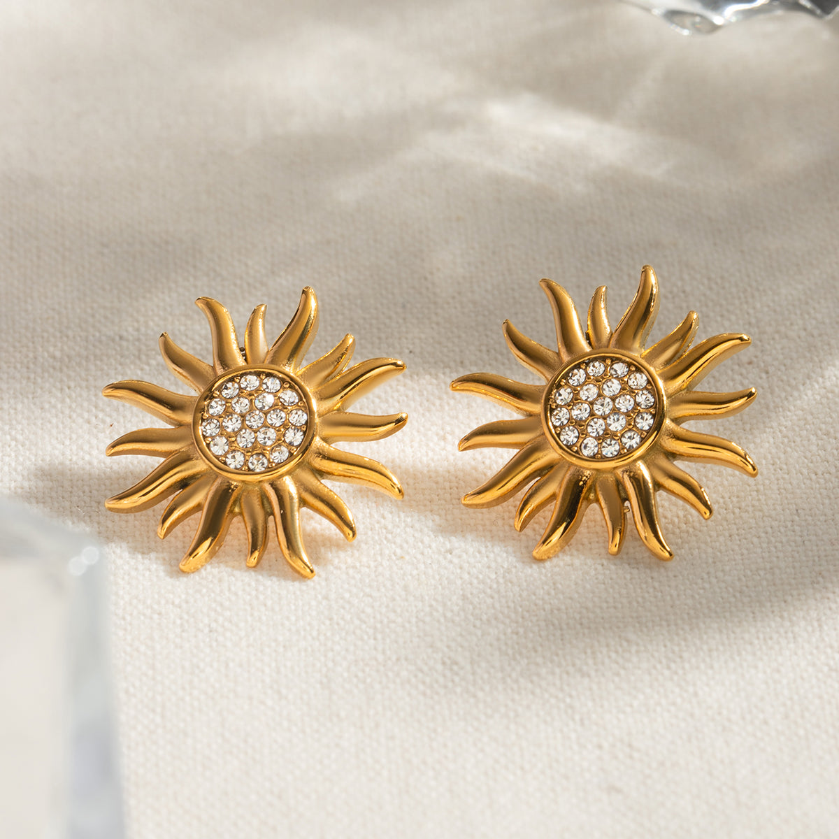 Stainless Steel Inlaid Rhinestone Sun Shape Stud Earrings-Bijou Crush