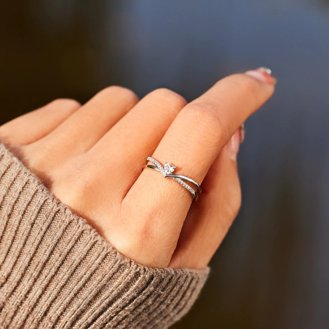 925 Sterling Silver Inlaid Zircon Heart Open Ring-Bijou Crush