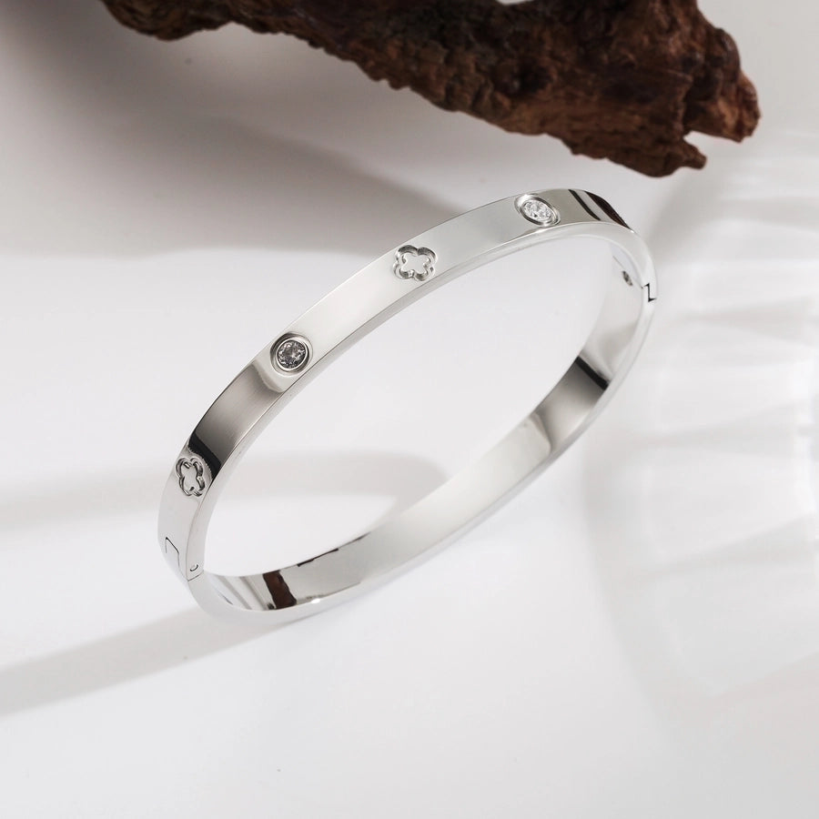 French Style Four Leaf Clover Heart Shape Flower 304 Stainless Steel 18K Gold Plated Zircon Bangle-Bijou Crush