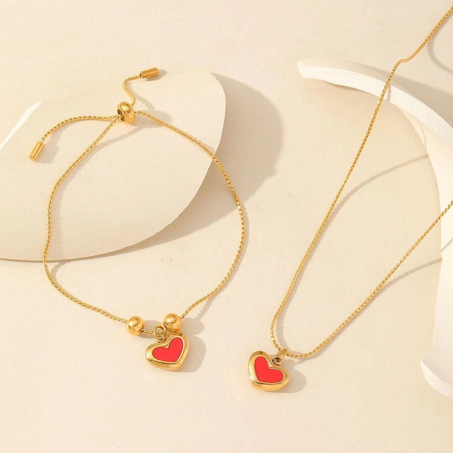 Romantic Heart Shape 304 Stainless Steel Zircon 18K Gold Plated Bracelet and Necklace-Bijou Crush