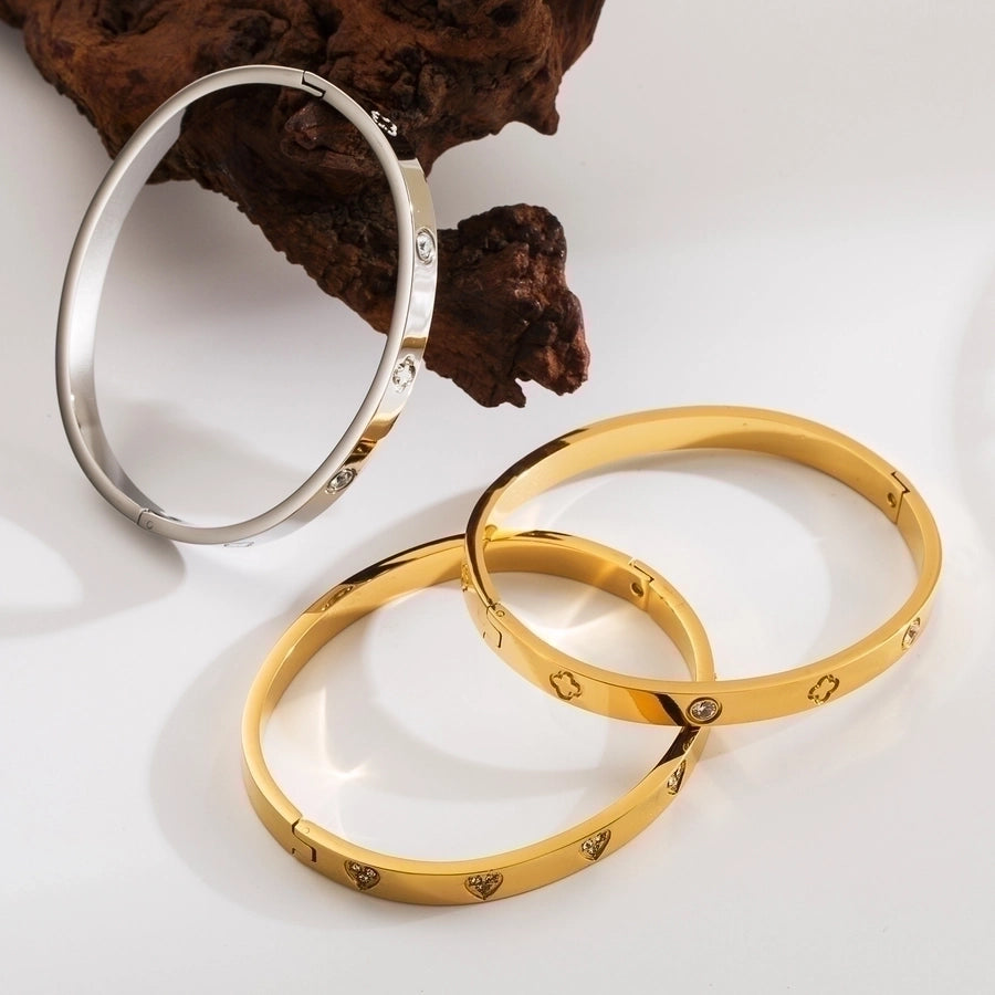 French Style Four Leaf Clover Heart Shape Flower 304 Stainless Steel 18K Gold Plated Zircon Bangle-Bijou Crush