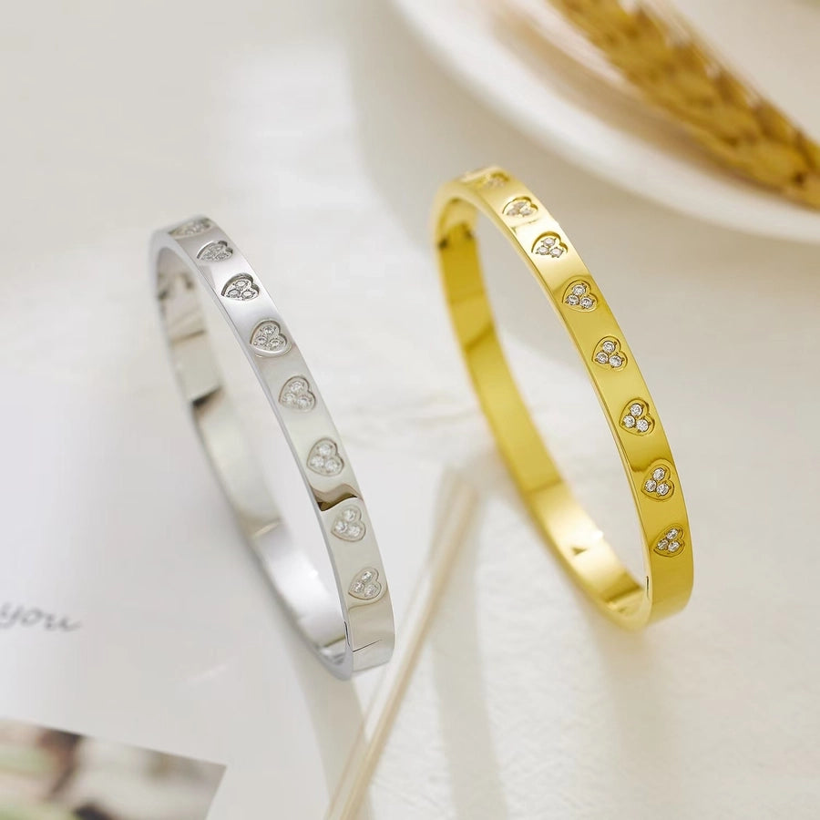 Casual Simple Style Heart Shape Titanium Steel 18K Gold Plated Rhinestones Bangle Bracelets-Bijou Crush