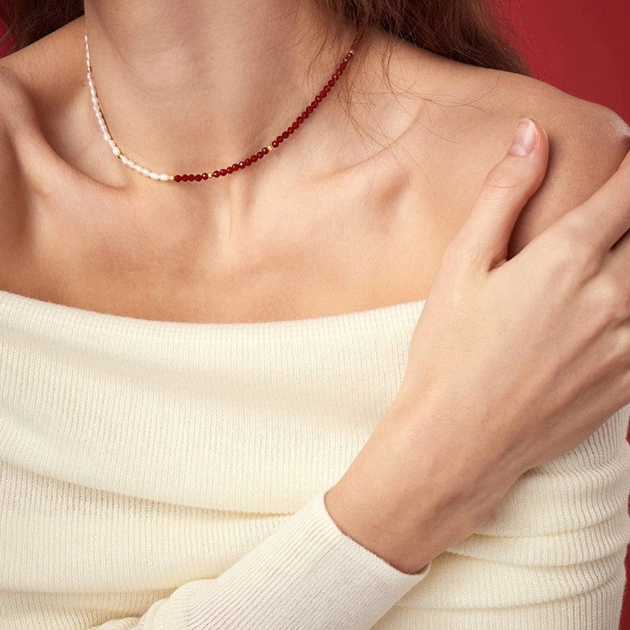 Elegant Geometric Necklace with Freshwater Pearls & Mother of Pearl Shell-Bijou Crush