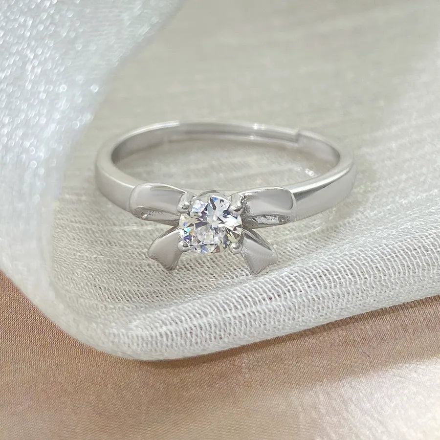 White Gold Plated 925 Sterling Silver Zircon Bow Knot Open Ring-Bijou Crush