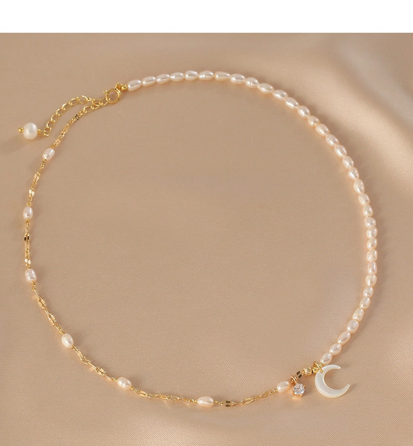 Elegant Geometric Necklace with Freshwater Pearls & Mother of Pearl Shell-Bijou Crush