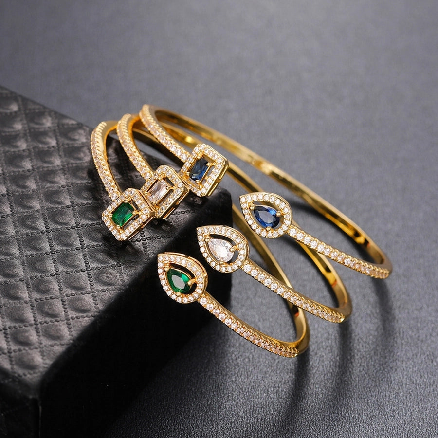 Trendy Square Zircon Bangle – Water Droplet Charm in Gold-Plated Copper-Bijou Crush