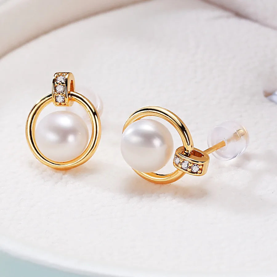 Freshwater Pearl Zircon Round Ear Studs-Bijou Crush