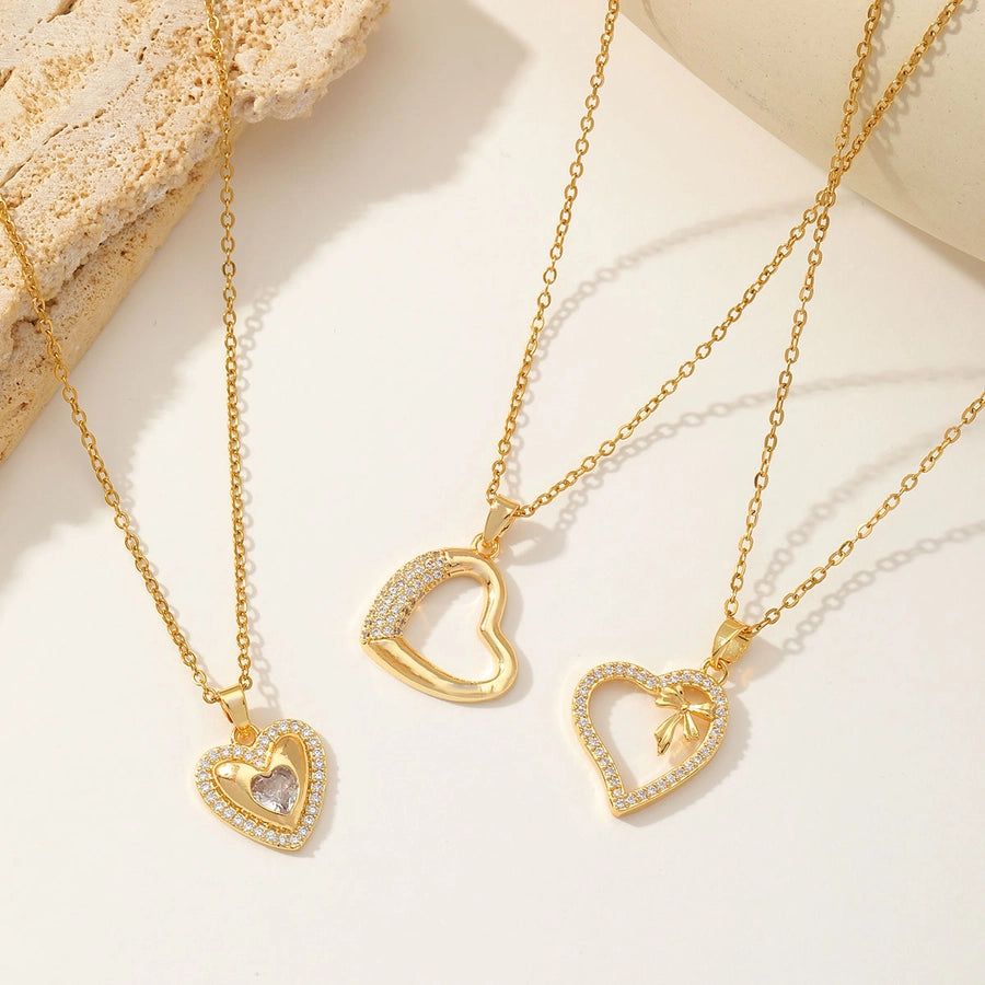 Sweet Heart Shape 304 Stainless Steel Copper Zircon 18K Gold Plated Inlay Pendant Necklace-Bijou Crush