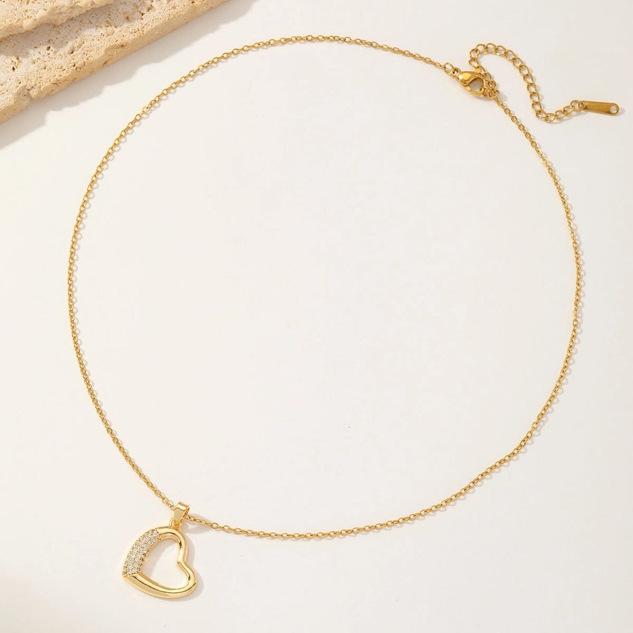 Sweet Heart Shape 304 Stainless Steel Copper Zircon 18K Gold Plated Inlay Pendant Necklace-Bijou Crush
