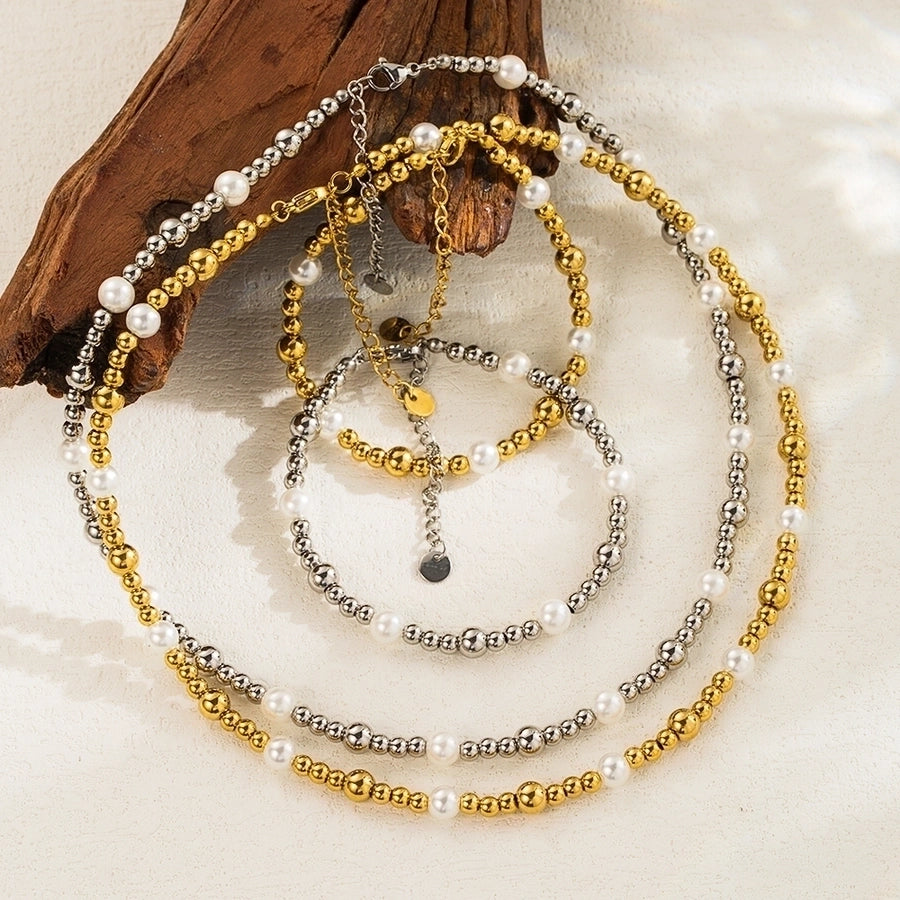 Minimal Round Pearl Bracelet & Necklace Set - 18K Gold-Plated Stainless Steel-Bijou Crush